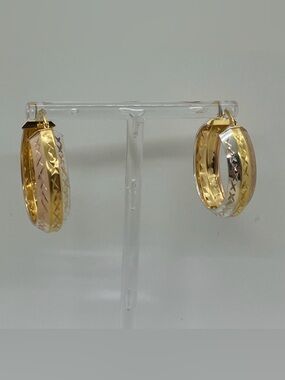 Vtg 925 Sterling Silver Tri-Color Rose White & Yellow Gold Tone Hoop Earrings